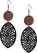 MINACHI Bohemian Hollow Cut-Out Wood Leather Dangle Drop Earrings, Boho Chic Hippie Statement Jewelry Gift for Women
