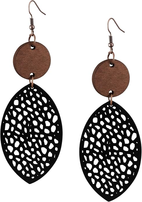 MINACHI Bohemian Hollow Cut-Out Wood Leather Dangle Drop Earrings, Boho Chic Hippie Statement Jewelry Gift for Women