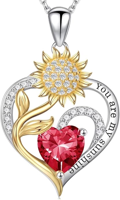 Iefil Valentines Day Gifts for Her - Sunflower Heart Birthstone Necklace Gifts for Women, Anniversary Birthday Gifts for Her 925 Sterling Silver Necklace You Are My Sunshine Jewelry for Wife Mom