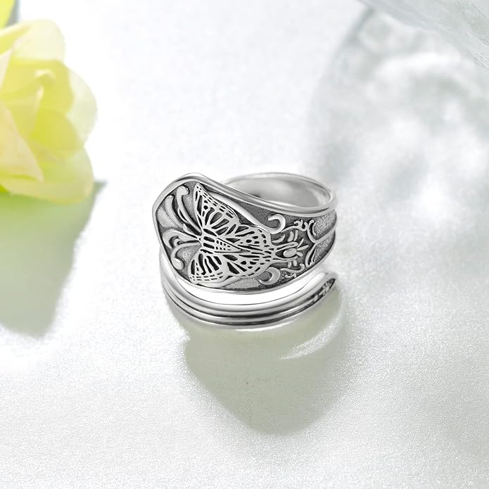 Vintage Butterfly Spoon Ring 925 Sterling Silver Adjustable Oxidized Spoon Rings Wrap Around Open Ring Thumb Statement Jewelry for Women Mom
