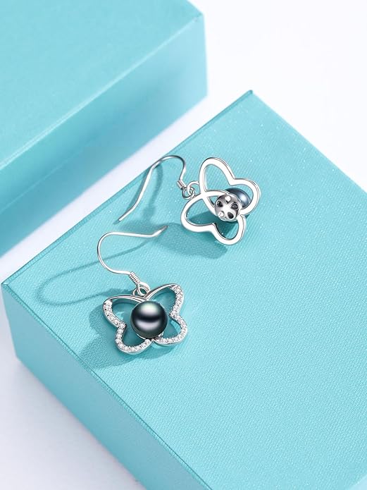 Tahitian Black Pearl Earrings Gifts for Women Wife Celtic Dangle Drop Earrings Wedding Birthday Anniversary Jewelry Valentines Christmas Day Gifts 925 Sterling Silver