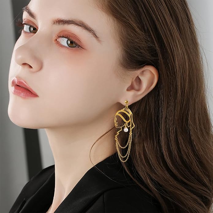 Unique Abstract Face Art Long Drop Dangle Earrings Dainty Hollow Gold Vintage Face Geometric Dangle Earrings Statement Jewelry for Women Girls
