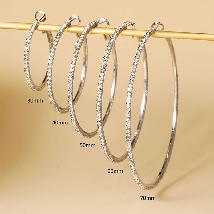 925 Sterling Silver Earrings Large Rhinestone Hoop Earrings Big Cubic Zirconia Hoop Earrings Thin Rhinestones Round Hoop Earrings for Women 20/30/40/50/60/70mm Sparkly Hoops With Crystals for Womens