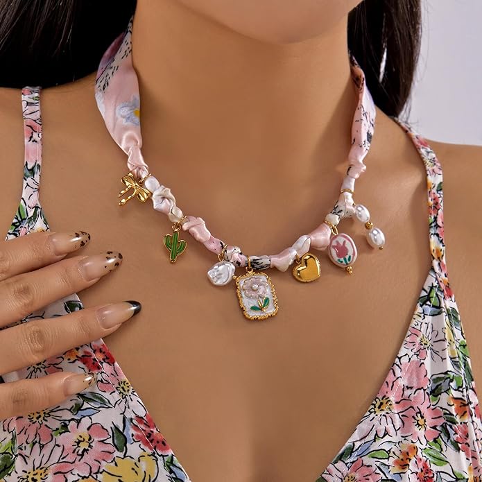 RINHOO FRIENDSHIP Silk Scarf Necklace for Women - Adjustable Boho Vintage Bandana Choker with 18K Non-Tarnish Gold Charms (Assorted Pendants & Patterns) Layered Jewelry Gift Box