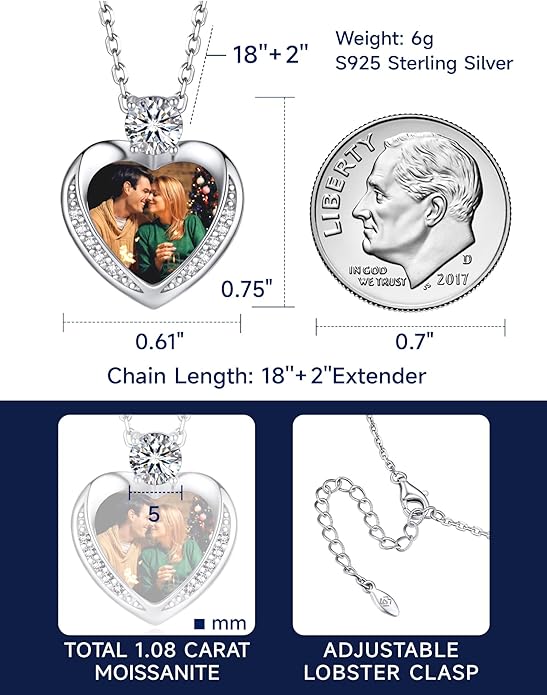 MomentWish Heart Necklace for Women Moissanite, Simulated Diamond, 925 Sterling Silver