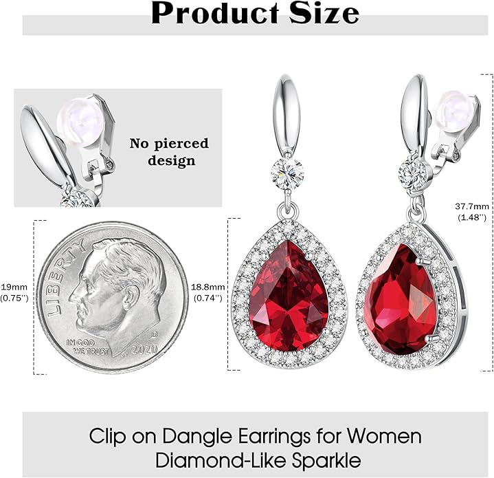 THUNARAZ Elegant Clip on Earrings for Women Sparkling Teardrop Dangle Clip Earrings Non-Pierced Rhinestone Cubic Zirconia Wedding Prom Jewelry 14K Gold and Silver Tone