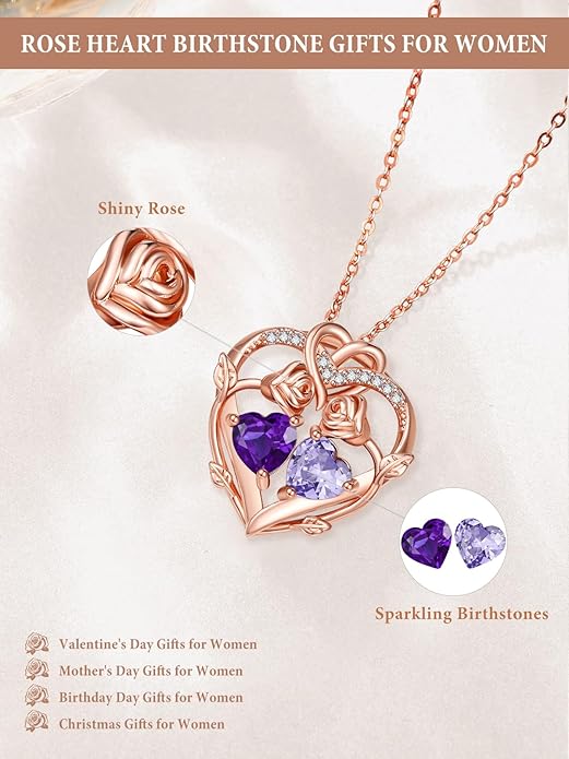 Rose Gold Necklaces for Women Double Birthstone Rose Flower Heart Pendant Necklace Jewelry Anniversary Christmas Valentine's Mother's Day Birthday Gift for Wife Mom Her Girlfriend Sister