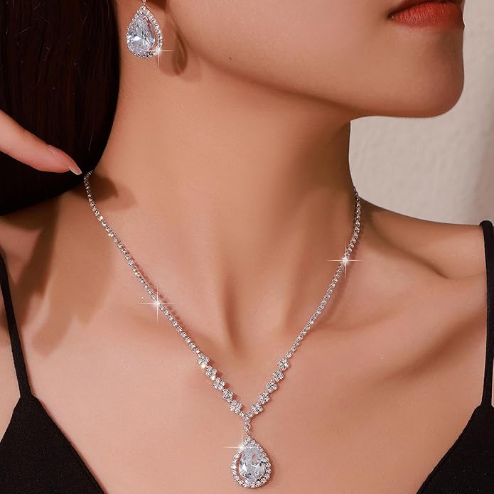 Silver Crystal Bridal Jewelry Set, Teardrop Dangle Earrings Rhinestone Necklace Bracelet for Bride Bridesmaid Crystal Bridal Wedding Party Jewelry Sets