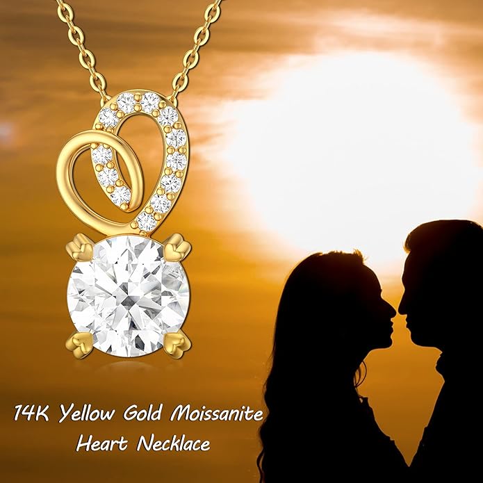 SISGEM 14K Real Gold 1 Carat Round-Cut Moissanite Necklace for Women,Yellow Gold Infinity/Heart Pendant Ribbon Necklaces Birthday Gifts for Wife Girlfriend 16''-18''