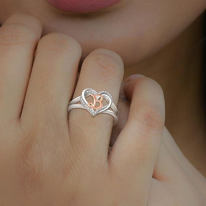 INFUSEU 925 Sterling Silver Initial Heart Ring for Women Girls, Adjustable Size