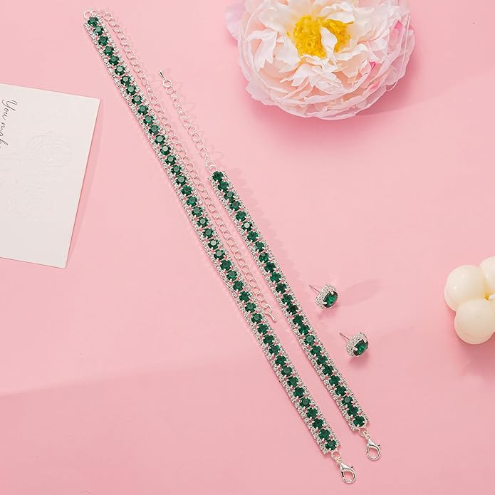 Women Rhinestone Crystal Jewelry Set Crystal Tennis Design Rhinestone Choker Necklace Link Bracelet Teardrop Earrings Set Wedding Bridal Bridesmaids Party