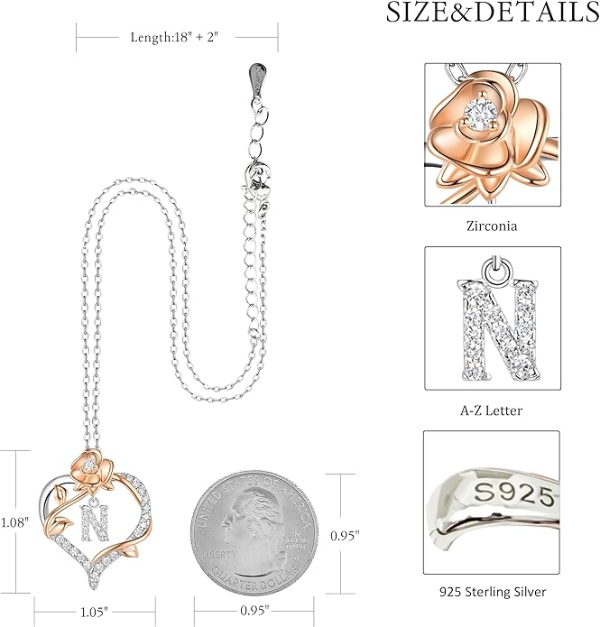 Valentines Day Gifts Rose Heart Letter Initial Necklace for Women, S925 Sterling Silver Pendant Necklace Adjustable Dainty Rose Flower Jewelry Gift for Her