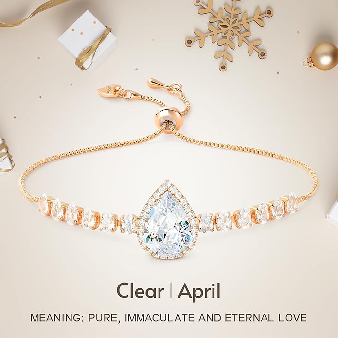 Linawe Crystal Imitation Diamond Rhinestone Charm Bracelets for Women, Gold/Silver/Rose Gold Adjustable Chain Bracelet, Teardrop Birthstone Cubic Zirconia Prom Costume Wedding Jewelry