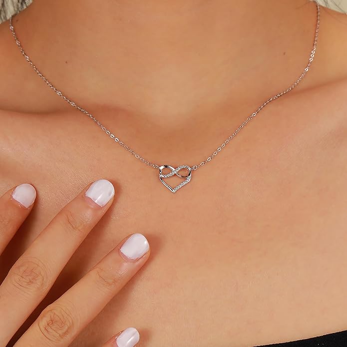 LOVECOM Valentines Gifts S925 Sterling Silver Heart Necklace for Women Dainty 14k Gold Plated CZ Infinity Double Cross Star Pendant Choker Necklaces Trendy Bead Chain Jewelry Gifts for Mom Daughter