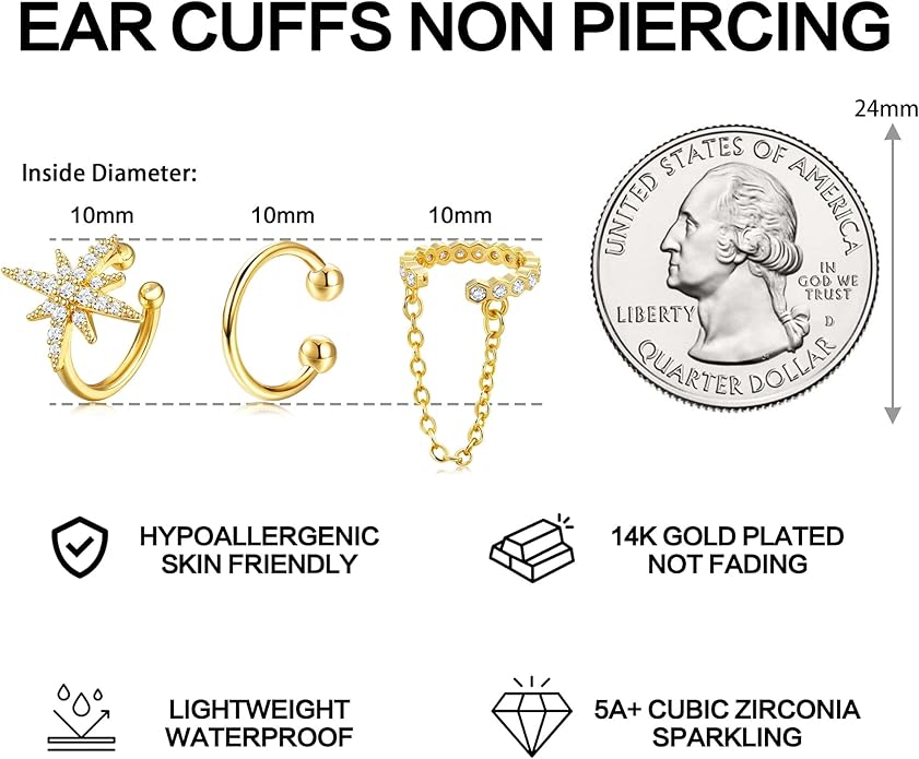 Dochais Ear Cuffs Non-Piercing Earrings for Women Cute Small Clip-On Cartilage Earring 14k Gold Plated Dainty Fake Piercings Earings