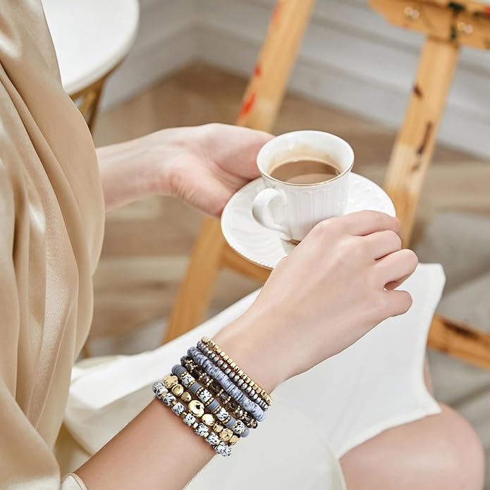 GOOJIDS Surfer Heishi Clay Bead Bracelets for Women Bohemian Stackable Gold Plated Beaded Stretch Bracelets Elastic Layering Friendship Bracelets Set Boho Jewelry