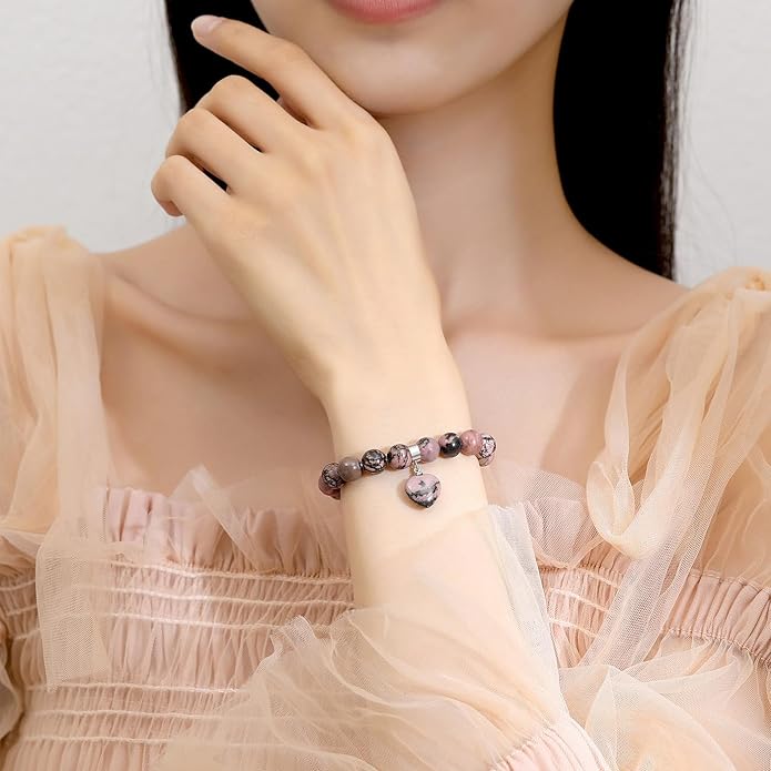 MAIBAOTA Healing Crystal Bracelet for Women, 8 mm Natural Gemstone Beaded Bracelet, Love Heart Bracelet Jewelry Gifts for Birthday Mothers Day Valentine's Day Anniversary