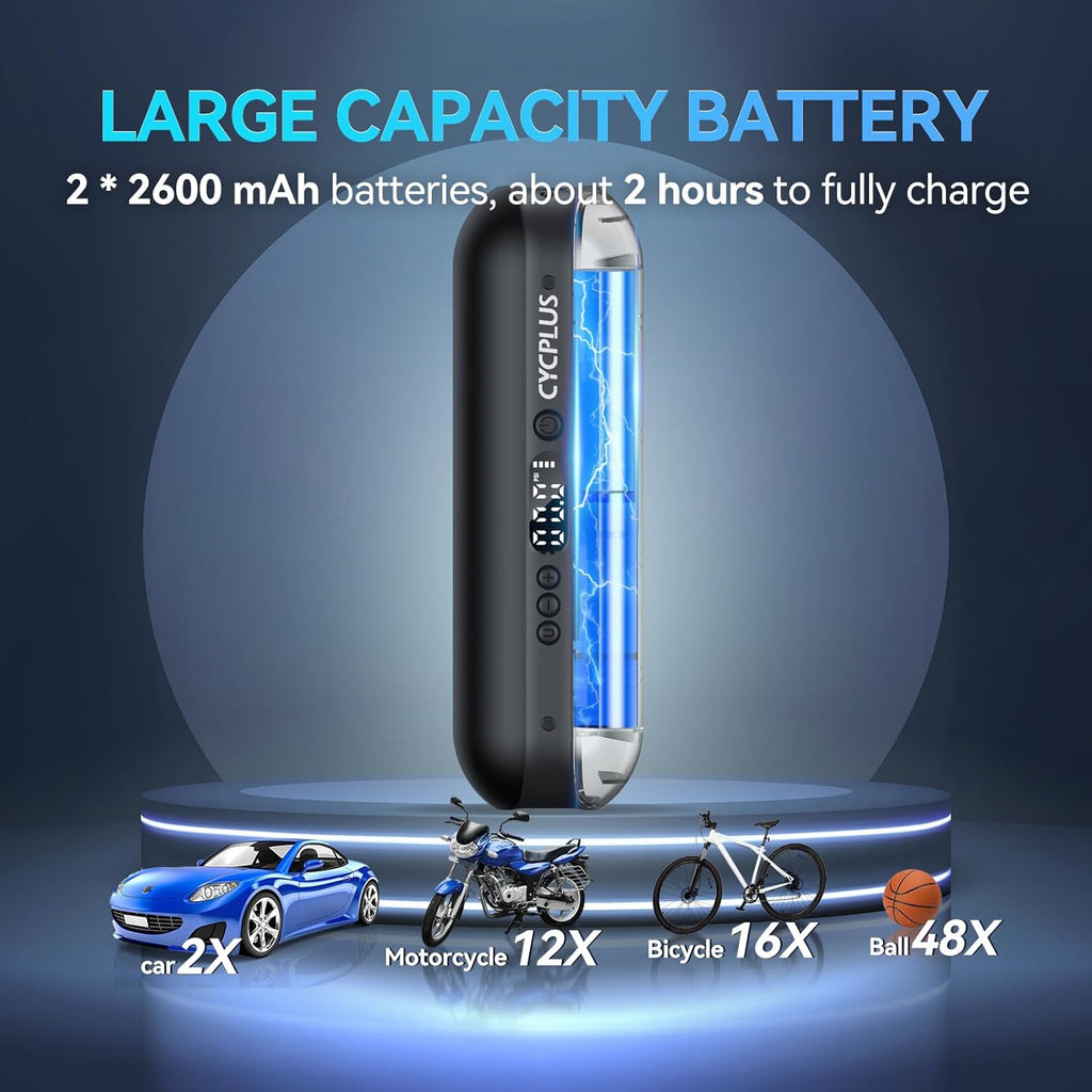 CYCPLUS Electric Air Compressor Portable Bicycle Pump Car Tire Inflator, Max 150 PSI, Auto Shut-Off Air Pump with Presta and Schrader Valves for All Bicycles Motorcycles and Cars