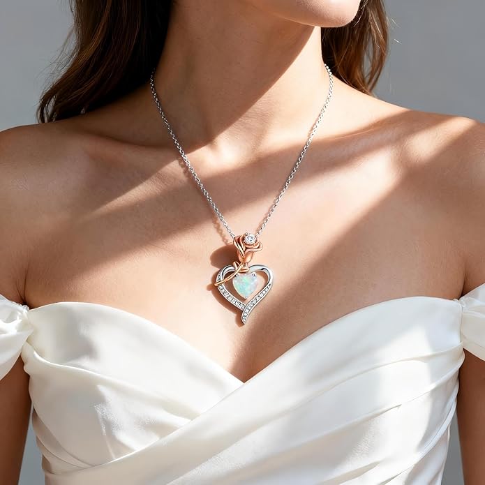 immobird Rose Gold Heart Necklace Birthstone Jewelry Sterling Silver Jewelry Plated White Gold Valentine's Day Gift Women for Wife Mom Necklace for Women