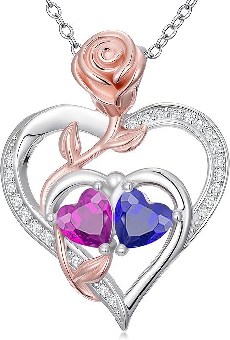 Rose Flower Heart Pendant for Women Birthday Gifts 18k Gold Plated Mother Daughter Necklace with 12 Months Birthstone Christmas Valentines Day Gifts for Her Mom Anniversarry Jewelry for Mom Wife Girlfriend