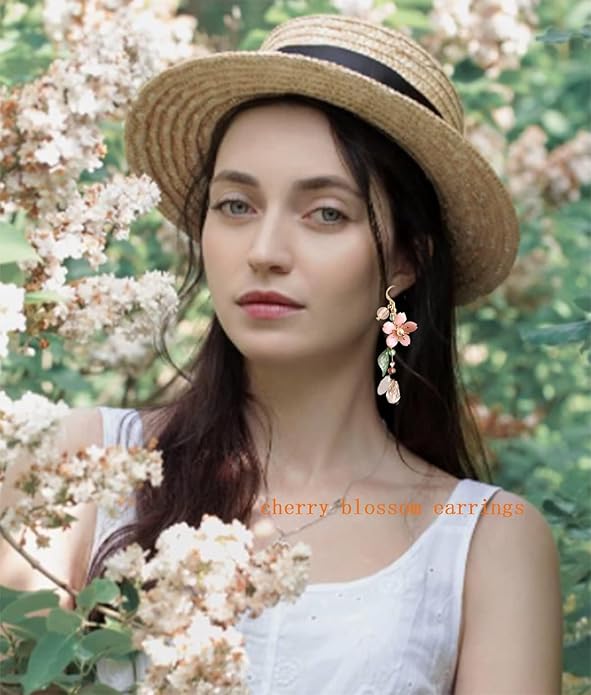 Kruckel Earrings for Women Trendy, Plum Blossom, Pink Flower Earring with Green Leaves, Sakura, New Year Earring Winter Jewelry, Fashion Design Cute Elegant with 925 Sterling Silver Post