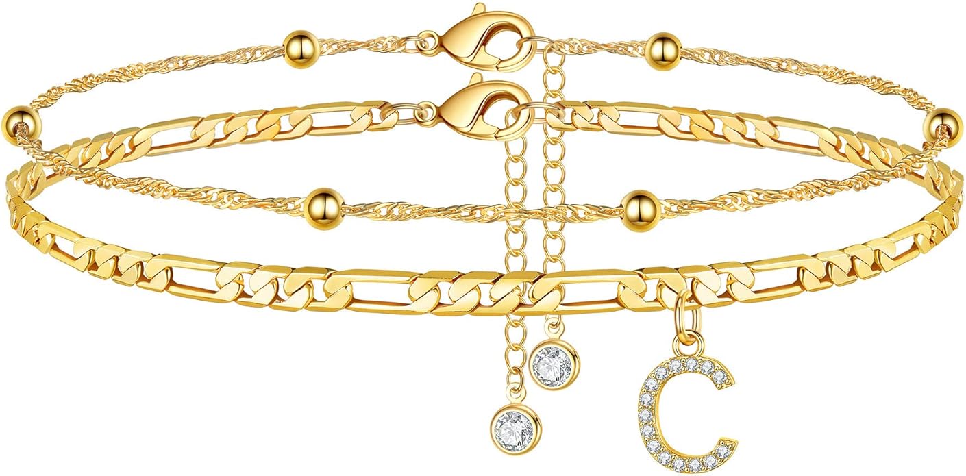 Ursteel Ankle Bracelets for Women, 14K Gold Plated Dainty Layered Chain CZ Initial Anklets Summer Jewelry Gifts for Women