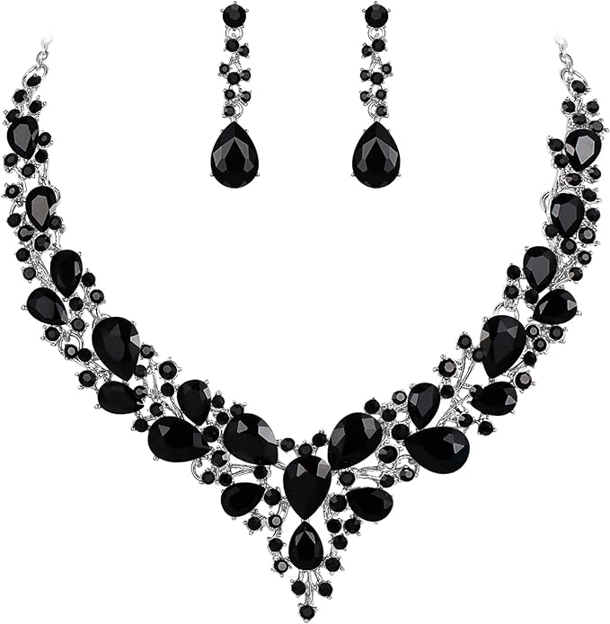 BriLove Women's Wedding Bridal Austrian Crystal Teardrop Cluster Statement Necklace Dangle Earrings Jewelry Set