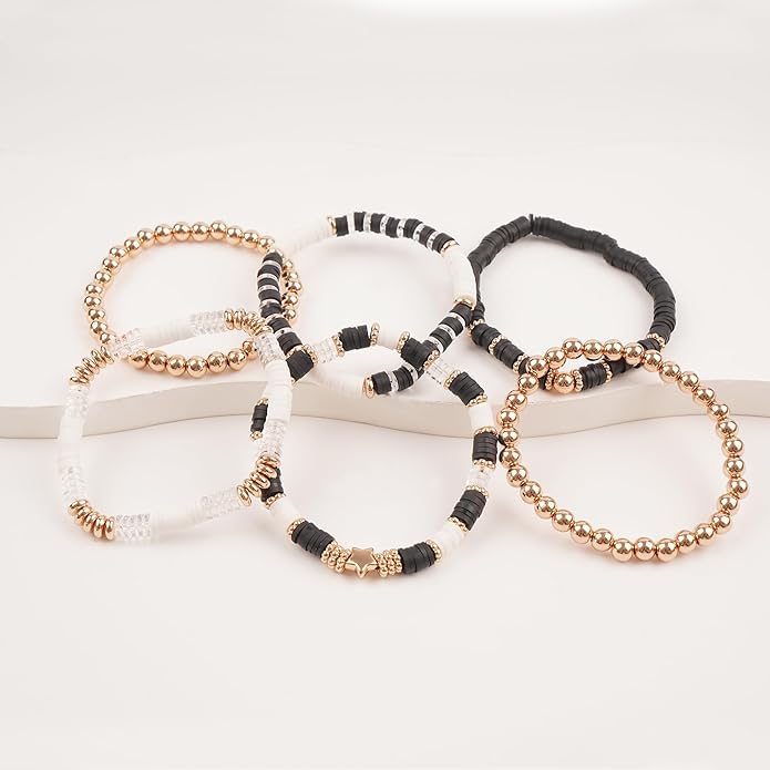 GOOJIDS Surfer Heishi Clay Bead Bracelets for Women Bohemian Stackable Gold Plated Beaded Stretch Bracelets Elastic Layering Friendship Bracelets Set Boho Jewelry