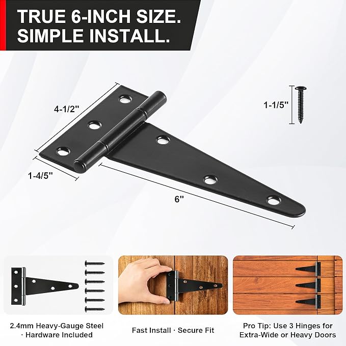 6 Inch Heavy Duty Door Hinges, 4 Pack Black T Strap Hinges, 2.4mm Thick Steel - Image 5