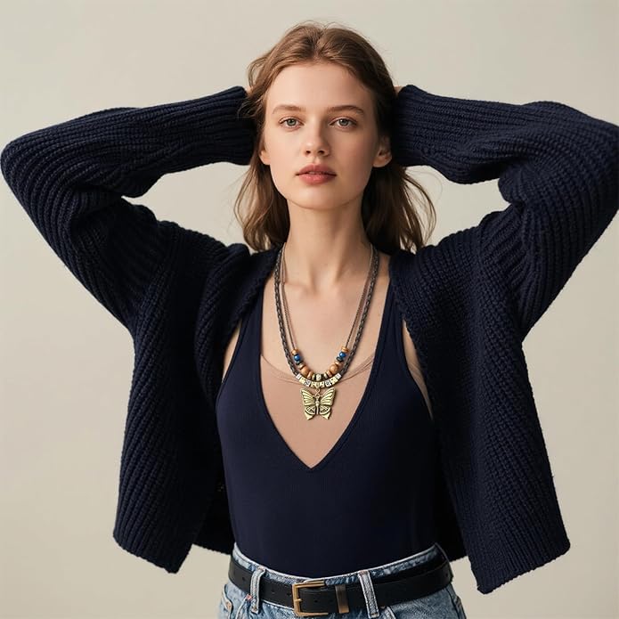 Boho Necklace for Women,Vintage Butterfly Pendant Necklaces,Adjustable Wooden Beads Layered Braided Choker,Fashion Tribal Style Leather Rope Necklace Jewelry,Chunky Statement Gift for Women