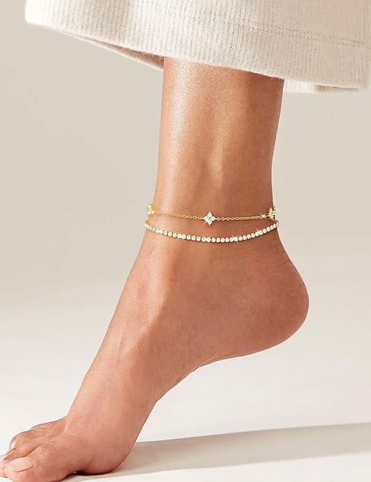 RLMOON Gold Anklets for Women CZ Ankle Bracelet 14K Gold/Silver Plated Waterproof Dainty Layered Tennis Heart Dot Chain Silver Anklets Trendy Foot Jewelry