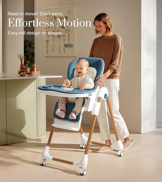 Mallify Foldable High Chairs for Babies and Toddlers, 3-in-1 Convertible Baby High Chair with Removable Soft Cushion and Tray, Adjustable Height & Recline, Lockable Wheels, Dark Blue