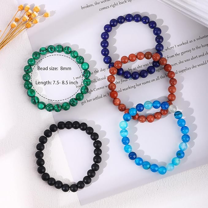 FIRAZIO 16PCS Semi-Precious Gemstone Bracelet - Crystal Stone Beaded Bracelets for Women Men 8mm Round Beaded Stretch Bracelets Unisex Yoga Bracelets Gifts (16Pcs)