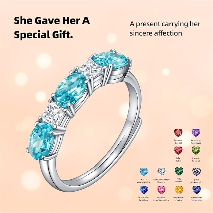 925 Sterling Silver Birthstone Rings for Women - Adjustable Size Women Jewelry Birthday Gifts for Girlfriend,Wife,Mom