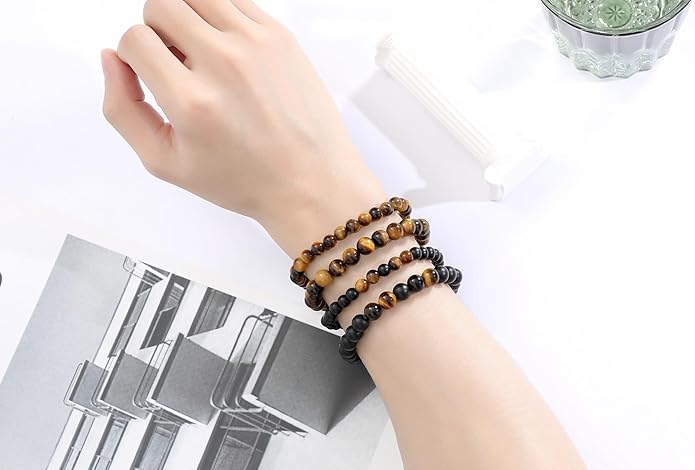 XIANNVXI Natural Stone Beads Bracelet for Men Crystal Bracelets 8MM Tiger Eye Lava Rock Obsidian Beaded Bracelet Set Black/Red/Blue Crystal Beaded Bracelets for Men