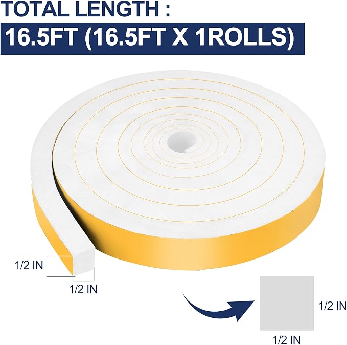 16.5Ft Foam Tapes Self Adhesive Foam Seal Strips 1/2In x 1/2In x 16.5Ft Each - Image 2
