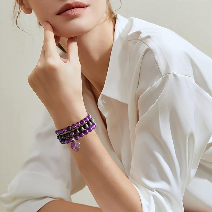 Healing Crystal Beaded Bracelets for Women,Natural Amethyst Gemstones Bracelet,Anxiety Stress Relief Heart Charm Bracelet Handmade purple Jewelry Gifts for Women