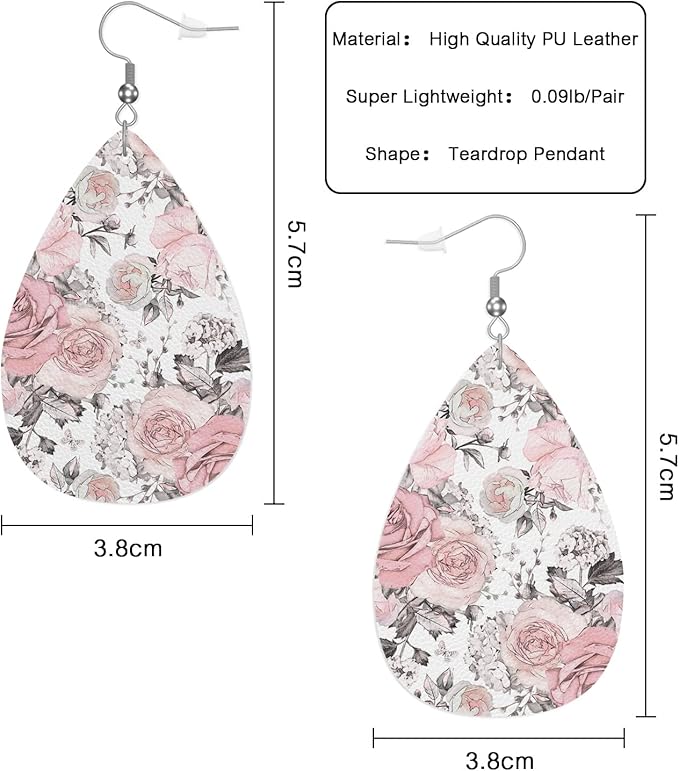 Pink Rose Fashion Faux Leather Earrings Elegant Flower Bouquet Leaves Spring Rose Pastel Wedding Teardrop Earrings Jewelry For Women Friends Bridal