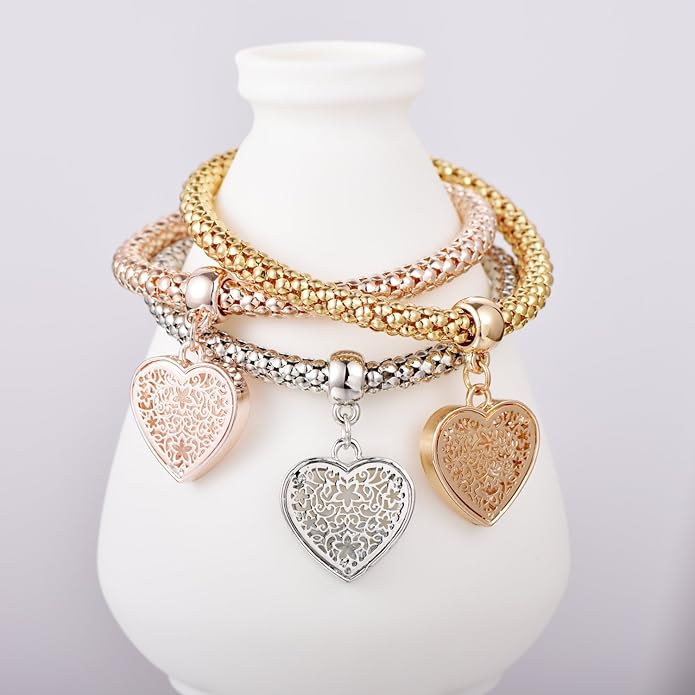 Crystal Charms Multilayer Bracelets - 3PCS Gold/Silver/Rose Gold Corn Chain Bracelet for Women, Tree of Life Heart Shaped Stretch Bracelet
