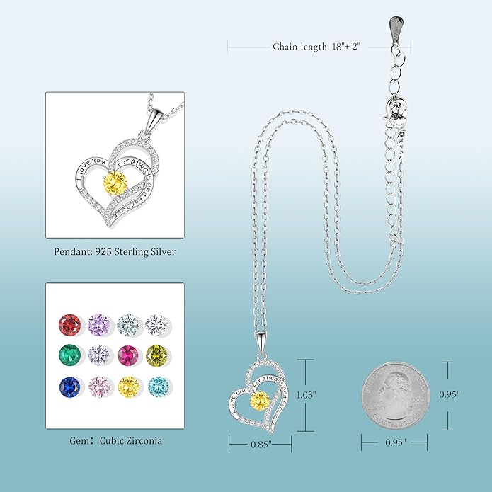 Birthday Gifts Double Heart Birthstone Necklace for Women, S925 Sterling Silver Pendant Necklace Jewelry for Her Mother Mom Wife Girlfriend