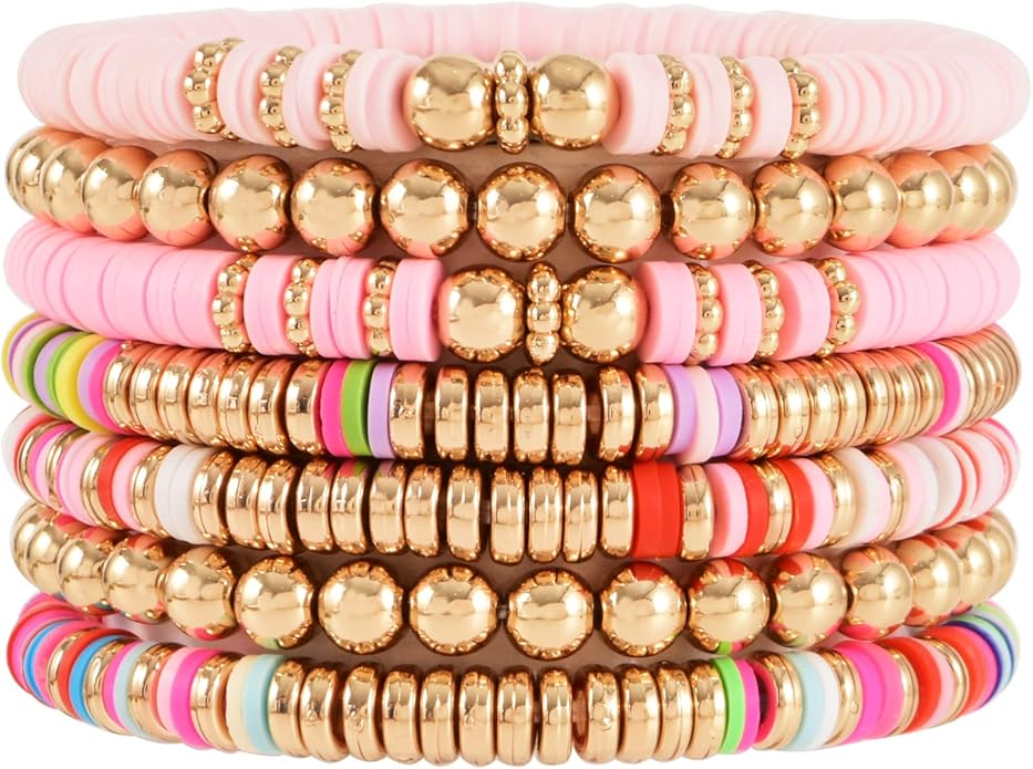 GOOJIDS Surfer Heishi Clay Bead Bracelets for Women Bohemian Stackable Gold Plated Beaded Stretch Bracelets Elastic Layering Friendship Bracelets Set Boho Jewelry