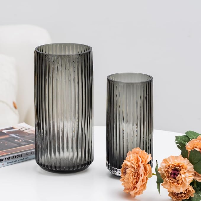 Flower Vase 7.5 inch Grey Thickened Hand Blow Glass Vase Round Vintage Striped - Image 7