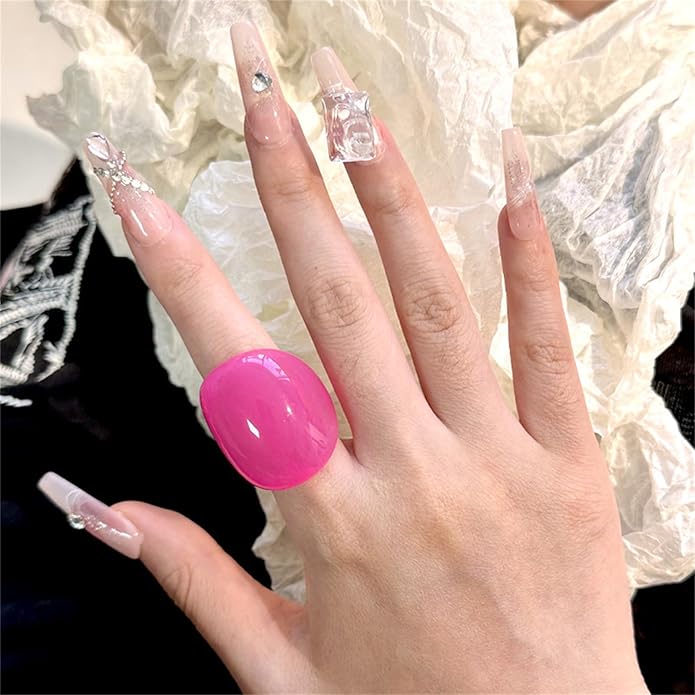 PINK TOWN Resin Chunky Ring, Multicolor Acrylic Stackable Rings Set Vintage Plastic Knuckle Rings Aesthetic Y2k Statement Rings Thick Dome Finger Joint Ring for Women