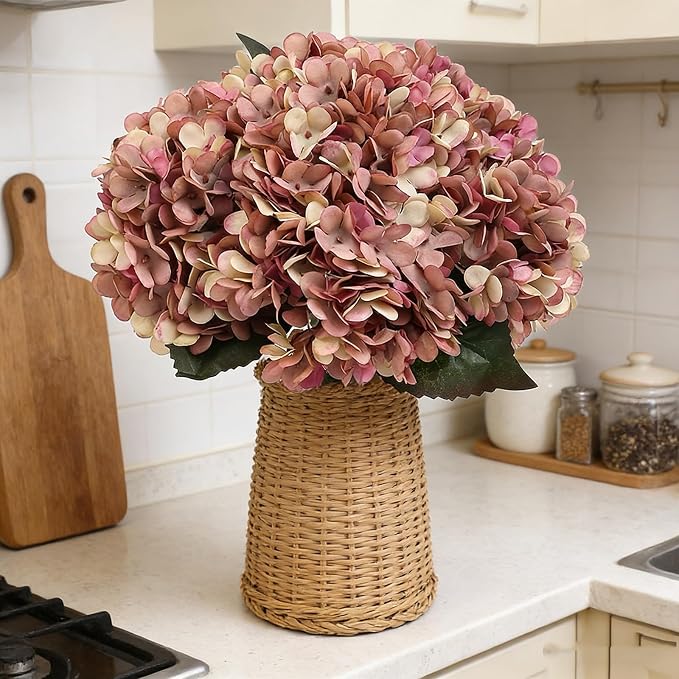 Kimura's Cabin 6pcs Fake Hydrangea Vintage Artificial Flowers, Fall Pink | Silk - Image 5