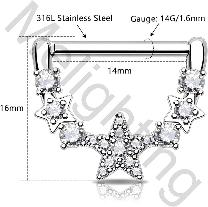 Melighting 14G Star Nipple Rings Steel 316L Nipple Piercing Jewelry Clear CZ Nipple Bars Clicker Nipple Barbell For Women Men 14mm