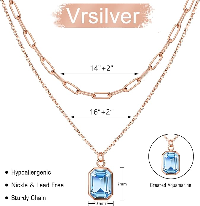 Layered Birthstone Necklace for Women Girls, 14K Gold-Plated Paperclip Chain Choker Necklace with Rectangle Birthstone Pendant Birthday Gifts for Women Girls Dainty Small