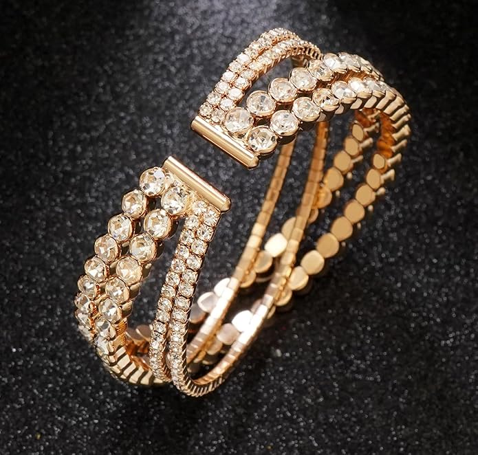 Rhinestone Bracelet for Women MultiLayer Crystal Cuff Bracelet Strand Layered Bracelet