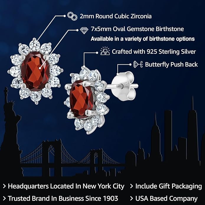 Gem Stone King 7X5MM Oval Gemstone Birthstone Stud Earrings For Women | Princess Diana Royal Halo Style | 925 Sterling Silver | Fine Jewelry Gifts for Anniversary Wedding Her Mom Women Wife