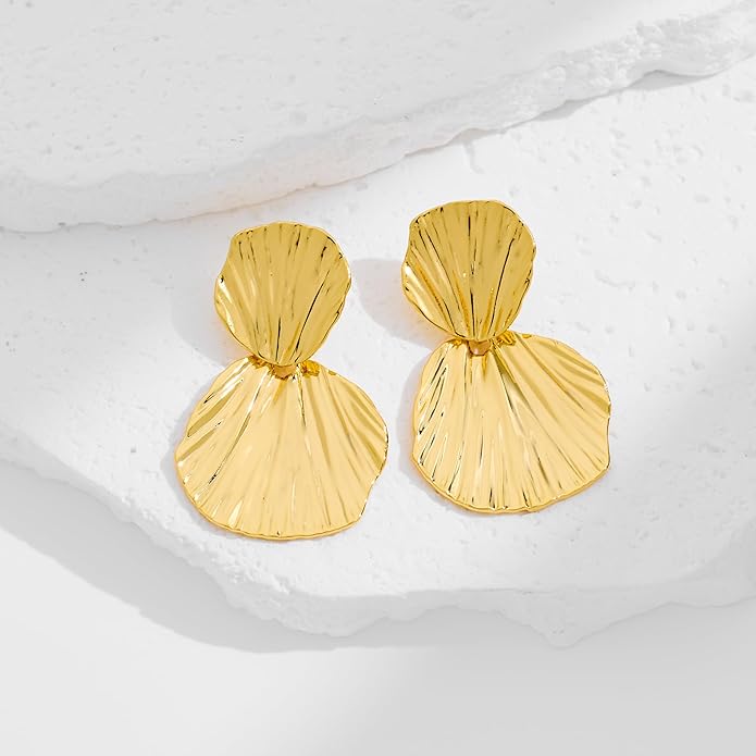 Gold Plated Earrings Dangle Chunky Fan-shaped Earrings Shell Earring for Women Two-Tone Fashion Statement Jewelry