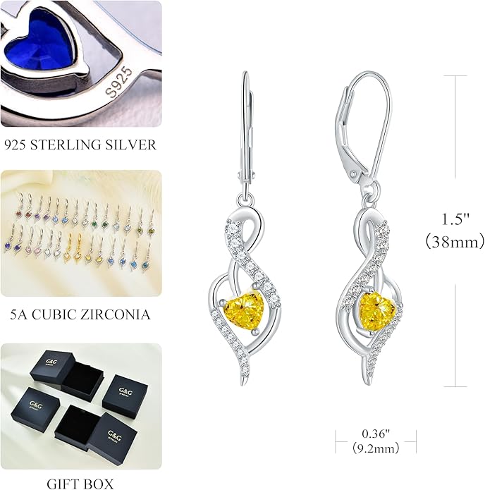 Infinity Heart Dangle Drop Earrings for Women, 925 Sterling Silver Birthstone Leverback Earrings, Birthday Anniversary Valentines Day Jewelry Gifts for Women Mom Her